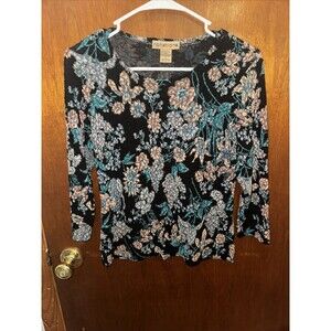 Notations Womens Black And Blue Floral Blouse Size Small